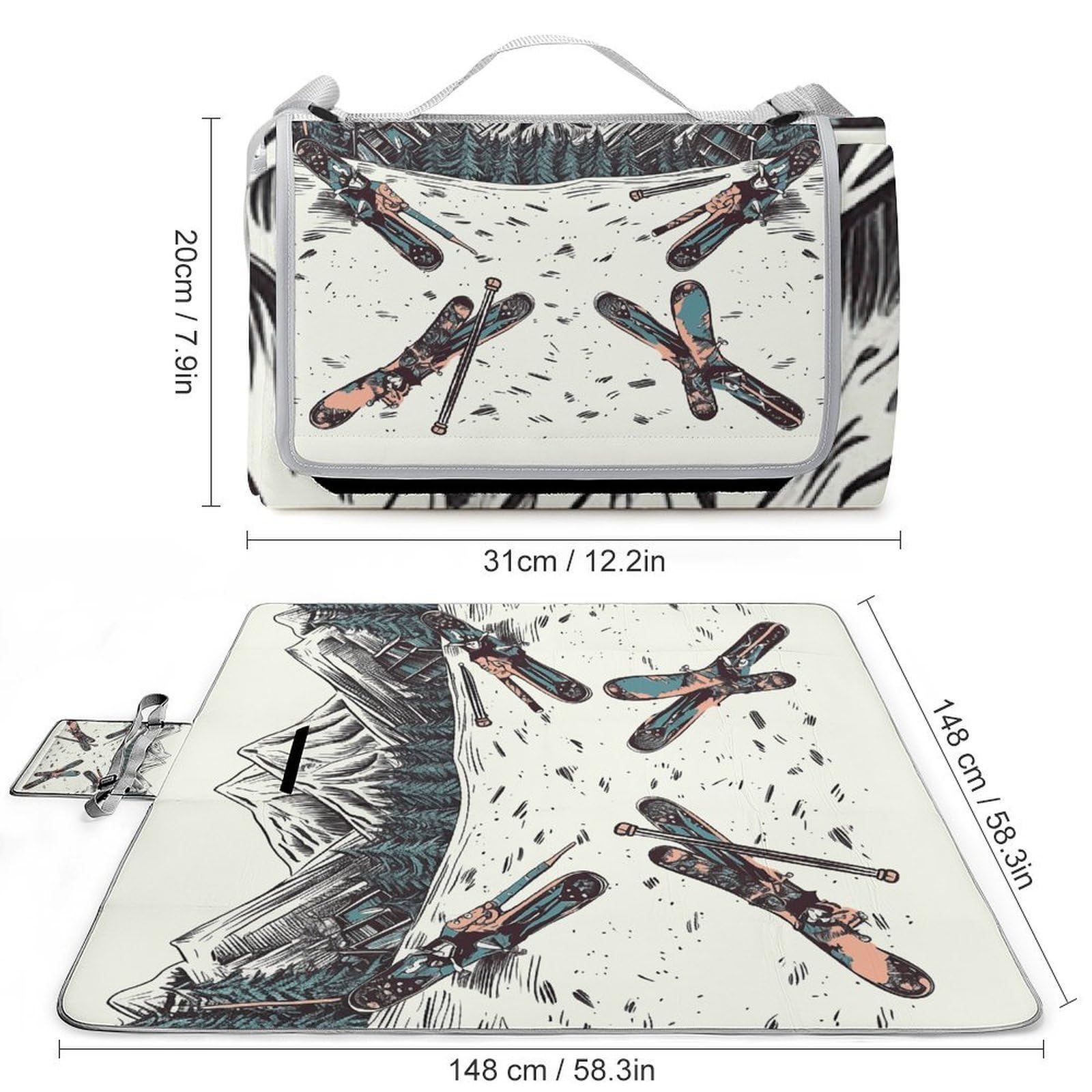 Set di tappetini da sci con attrezzatura da esterno, pieghevole, coperta da spiaggia con superficie impermeabile, facile da pulire, coperta da viaggio, per campeggio primaverile ed estivo