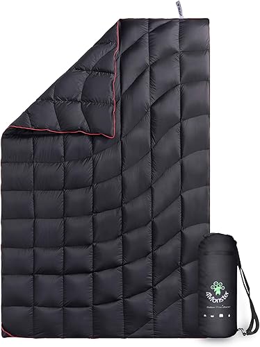 4Monster Manta de camping de plumón, colcha de viaje al aire libre, relleno de 650, plegable, ligera, viento e impermeable, ideal para estadio,