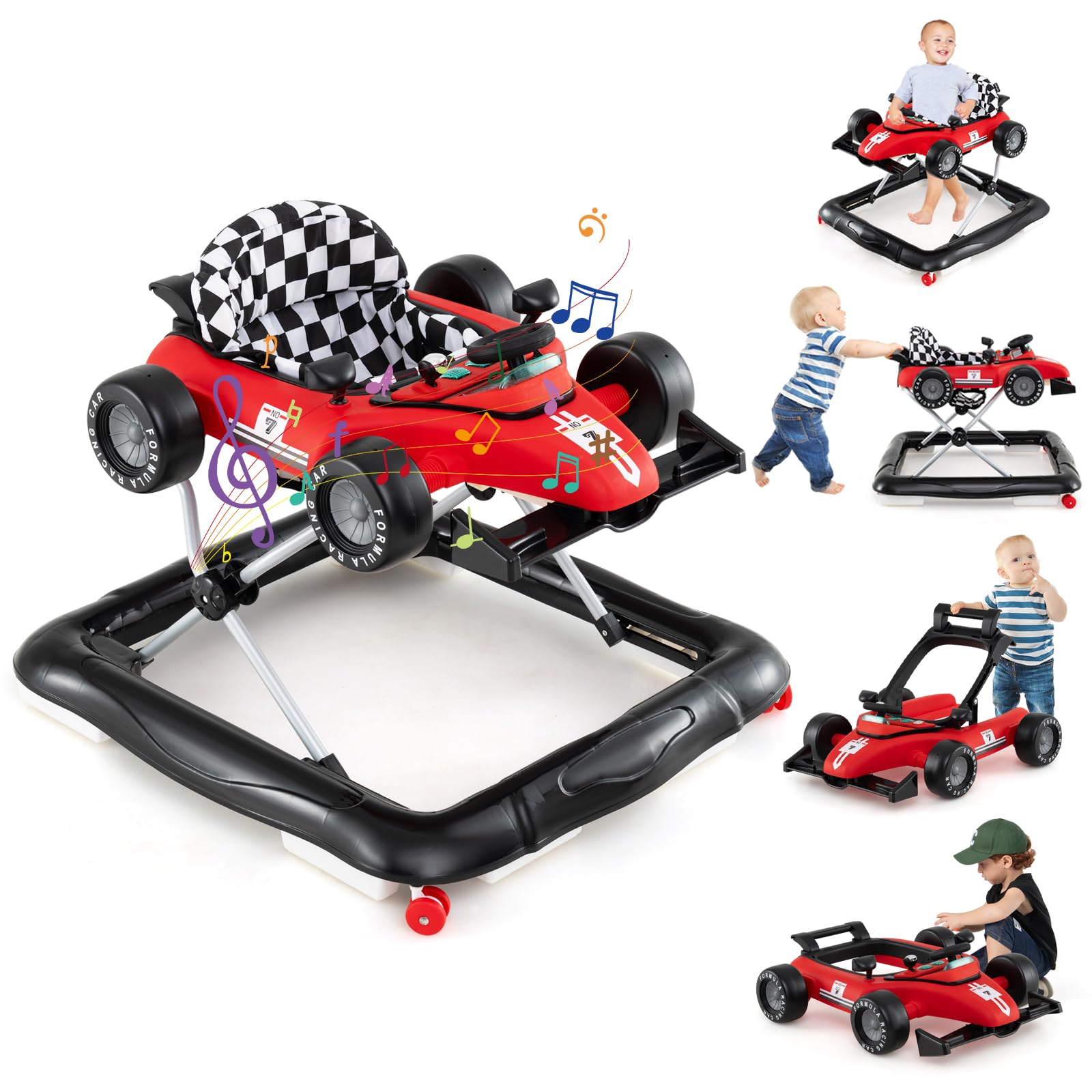 Andador para bebé HONEY JOY 4 en 1, plegable, con actividades para bebés, con altura ajustable, luces musicales, asiento acolchado y ruedas para niños y niñas de 6 a 18 meses, color rojo