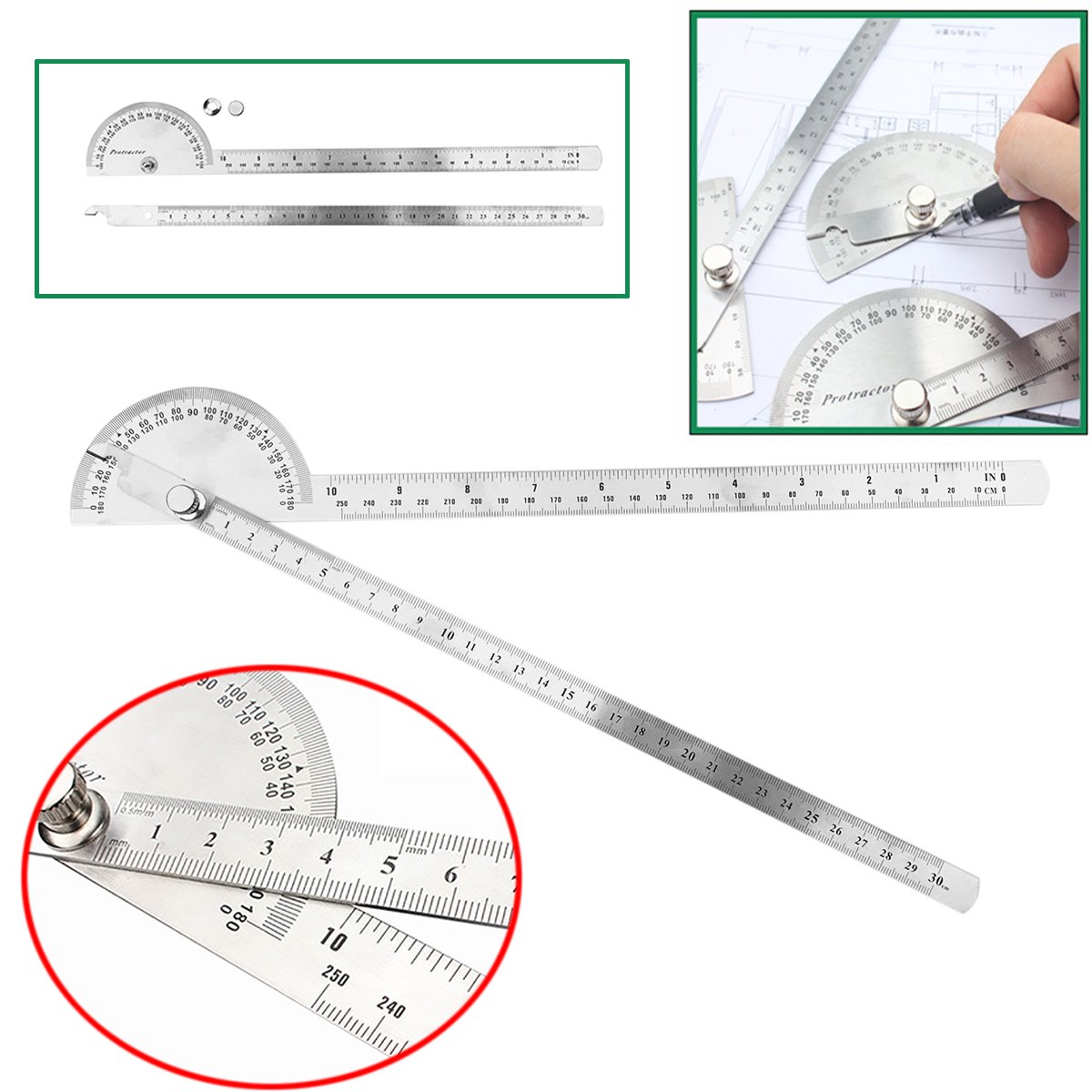 1pc Stainless Steel Angle Ruler 180 degree Protractor Finder Arm Measuring Tool 198 x 53 x 14mm