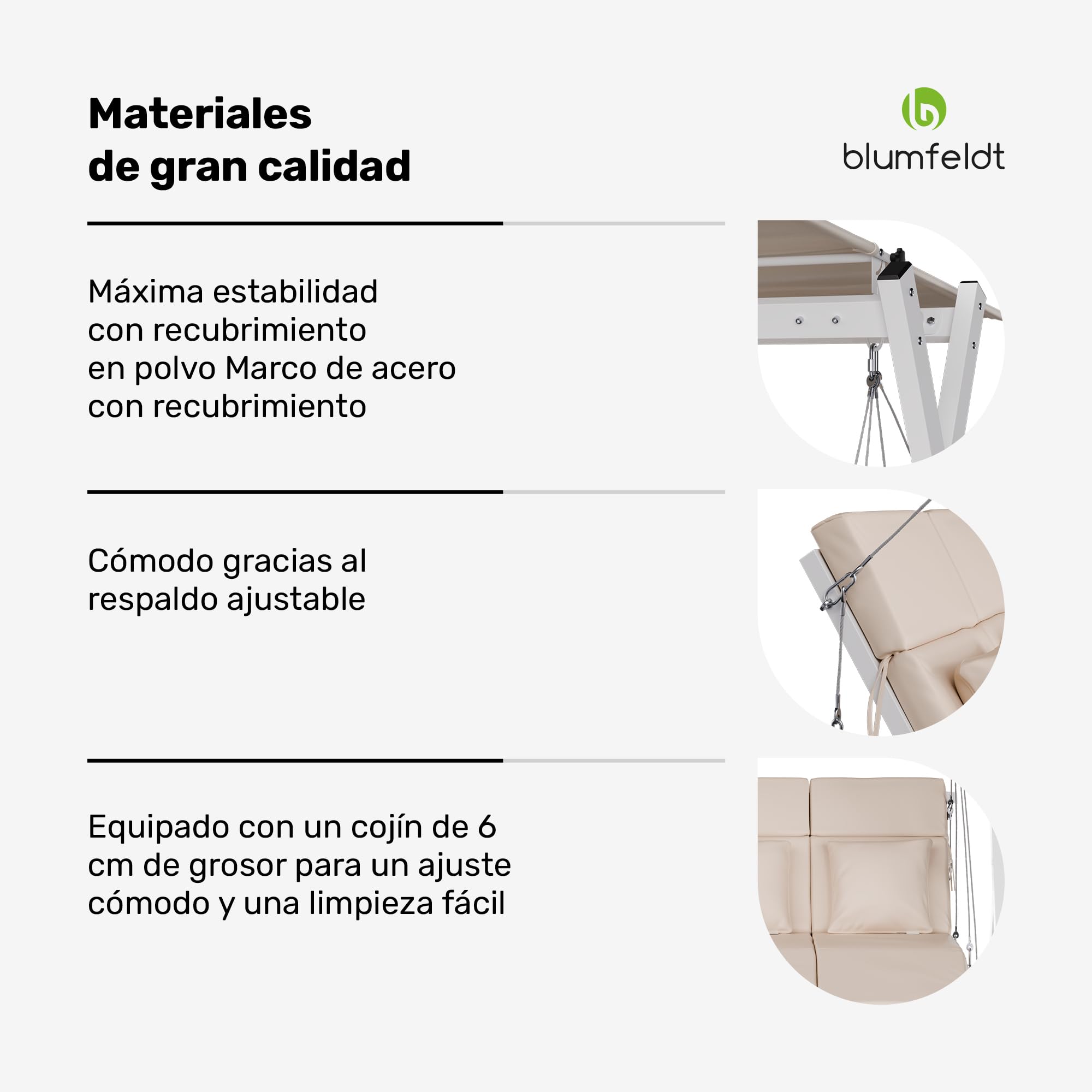 blumfeldt FlexiSwing Balancín Jardín Exterior – 3 Plazas, Respaldo y Toldo Ajustables, 240 kg de Capacidad, Estructura de Acero Resistente, Cojines Gruesos, Balancín para Jardín Exterior