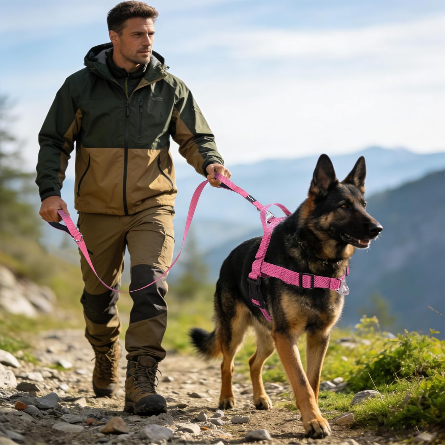 Annchwool No Pull Dog Harness with Front Clip and Easy Control Handle-Belly & Chest Adjustable Dog Harness and Leash Set for Medium Large Dogs-Heavy Duty Vest Harnesses Easy for Walking(Pink,L)