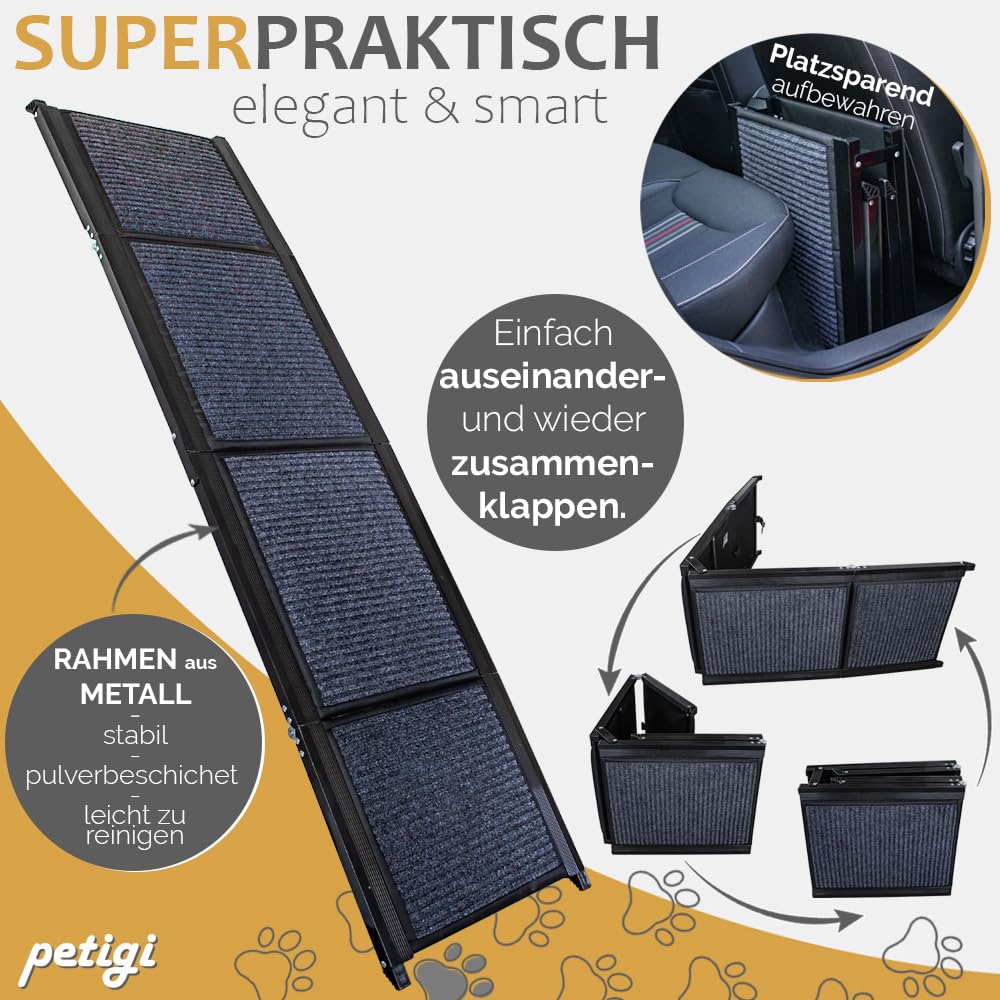 Petigi Rampa dla psów z antypoślizgowym dywanem, 170 cm, składana, do samochodu, dla psów, schodów dla psów, pomoc przy wejściu, obciążenie 90 kg