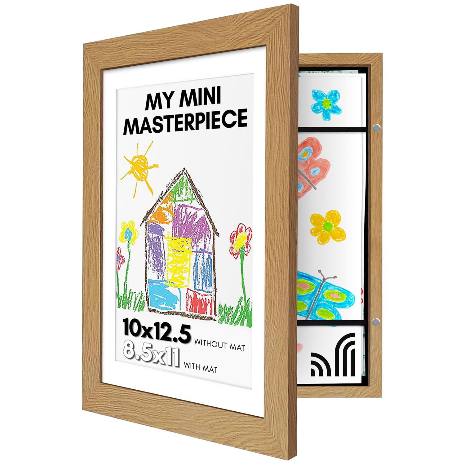 AmericanflatKids Artwork Frame Changeable (Dark Oak) - Magnetic Door Holds 100 Art Pieces - 8.5x11 Letter Size Display with Mat or 10x12.5 Without Mat - My Mini Masterpiece