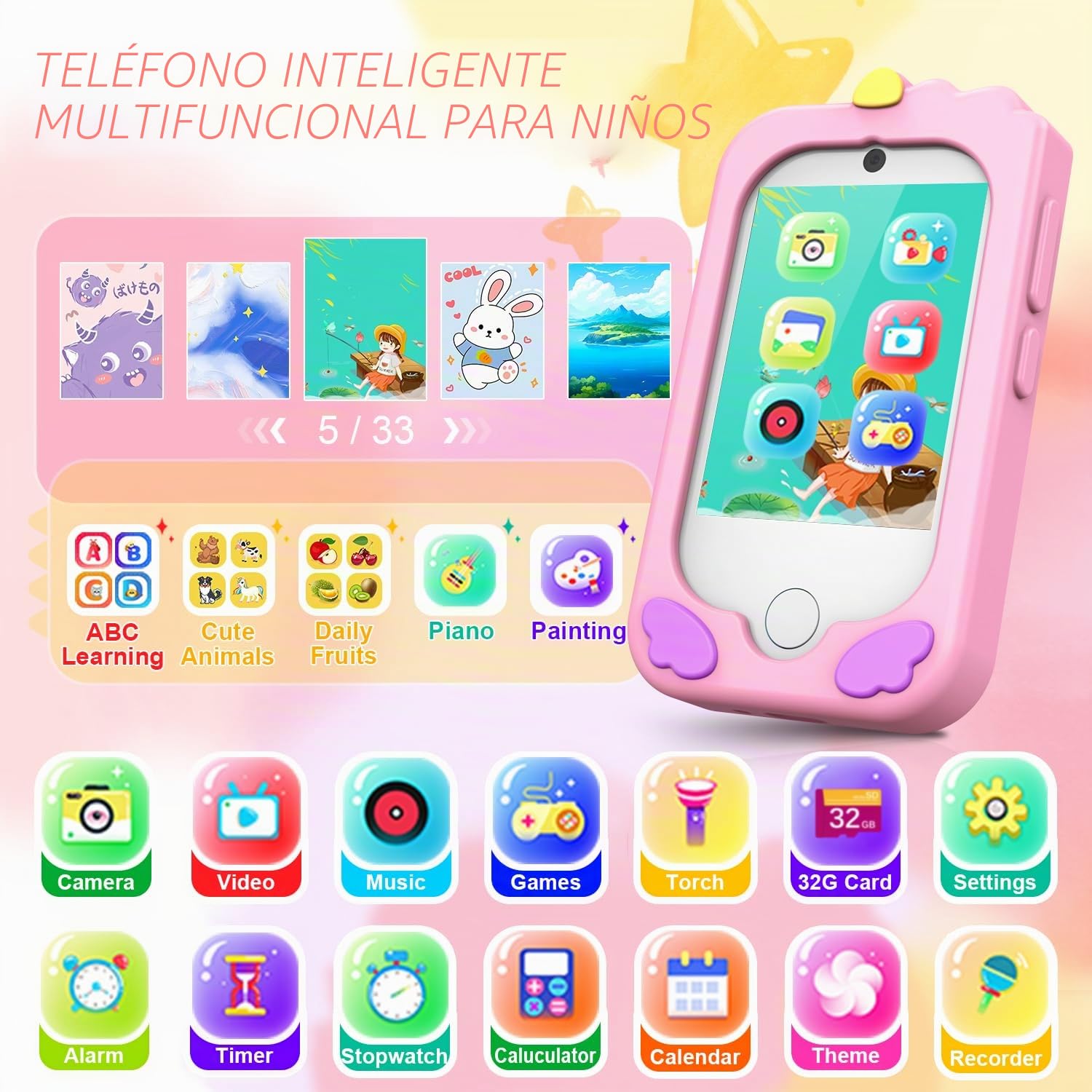 Smartphone Niños Teléfono de Aprendizaje de Pantalla táctil para niños con Doble cámara 2.8 Pulgadas Pantalla táctil teléfono de Aprendizaje Juguete de Aprendizaje con Tarjeta SD 3-9 años