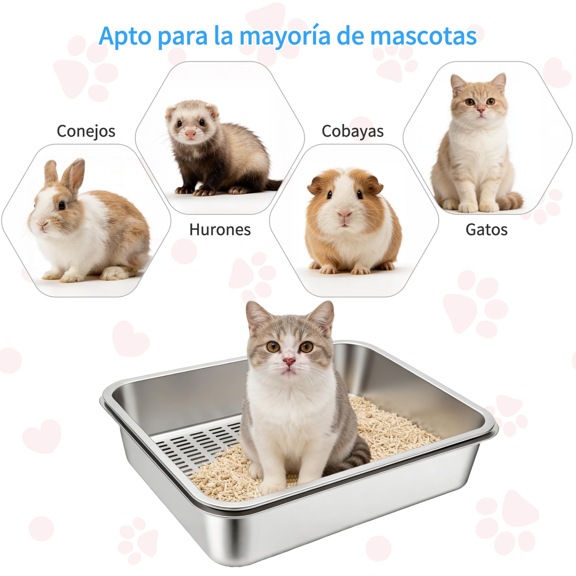 Arenero Gato Acero Inoxidable, XXL Caja Bandeja de Arena para Gatos, Metal Extraíble Litter Box, Caja de Arena de Lados Altos (50 * 35 * 15cm)
