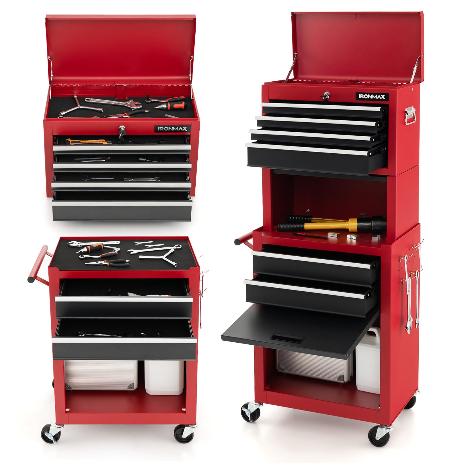 ERGOMASTERRolling Tool Chest - Removable Top Box Large Bottom Cabinet with Casters and Lock System Tool-Box - Heighten 6-Drawer Red