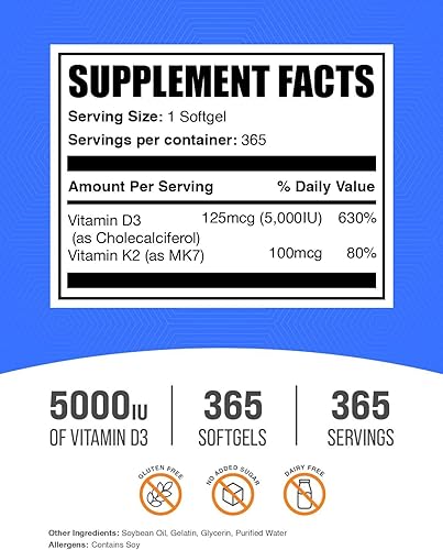 Miniatura 2 de BULKSUPPLEMENTS.COM Vitamina D3 con cápsulas blandas K2 - Suplemento de vitamina K2 D3, vitamina D3 K2 5000 UI, vitamina D3 K2 - Sin gluten, 1