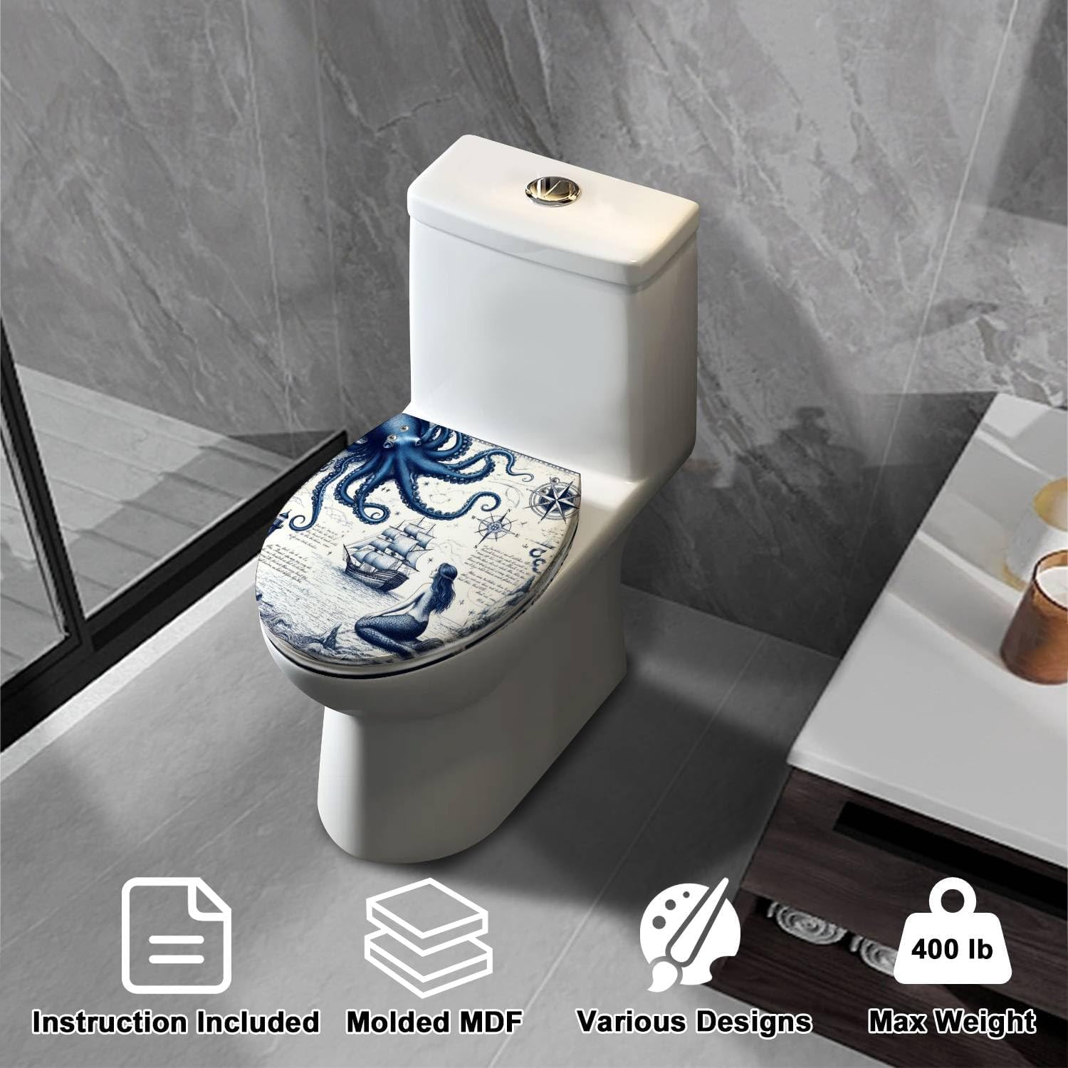 Elongated Toilet Seat Blue Nautical Octopus Navy Mermaid Funny Ocean Kraken Cool Anchor Slow Close Soft Close Strong Stainless Steel Hinges Resin Toilet Seat Replacement Bathroom Accessories
