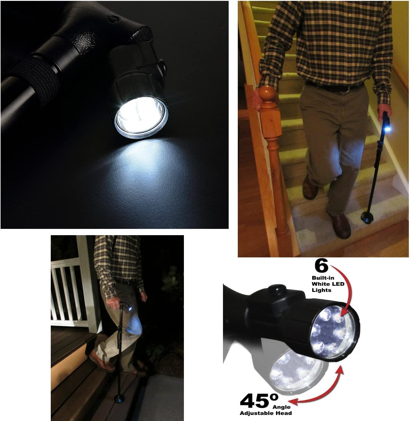 Bastone da Passeggio Pieghevole con Luce Torcia a LED, per Anziani,Altezza Regolabile, Canna Leggero,maniglia a T,Base Antiscivolo
