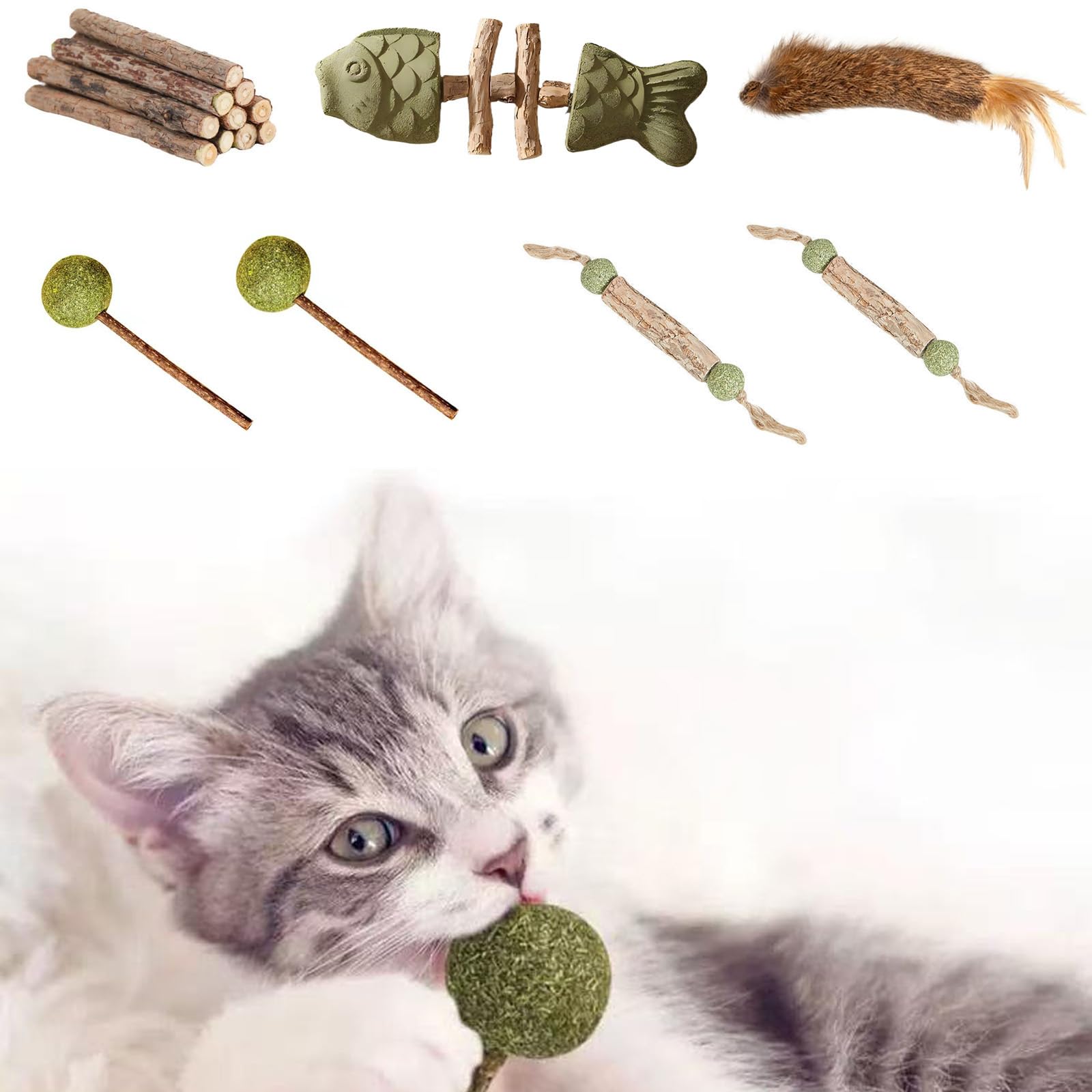 PHTTE Cat Sticks Catnip Sticks for Cats Cat Chew Sticks, 7 Style Silvervine Catnip Cat Toy, Interactive Cat Toy for Indoor Cats Set Fish Lollipops Bunny Wand for Chewing