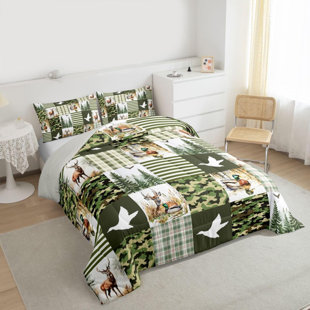 Feelyou Wild Duck Bedding Set Soft for Boys Girls, Cute Deer Comforter Set Queen Size Wildlife Hunting Duvet Quilt Microfiber Green Camo Decor Bedroom Decor 3 Pcs with 2 Pillow Cases