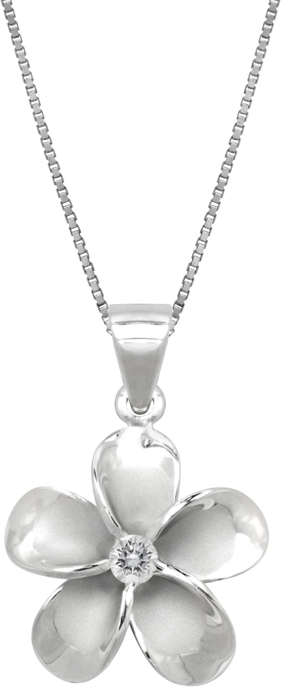 Sterling Silver CZ Plumeria Flower Nature Pendant Necklace with 18" Box Chain
