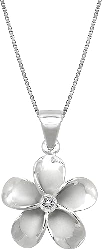 Honolulu Jewelry Company Collar con colgante de plata esterlina CZ Plumeria Flower Nature con cadena de caja de 18 pulgadas, Metal, Circonia cúbica