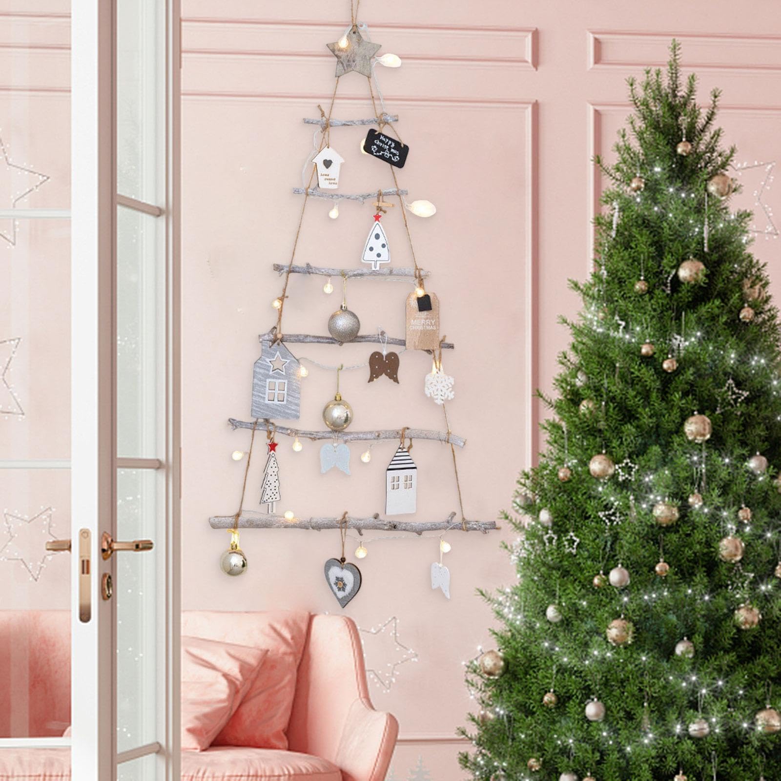de Navidad para Colgar en Una Escalera de Madera con Luces Y Estrella, Rústico, Decorativo, Adorno para Dormitorio, Fiesta, Sala de Estar, Estilo C, Individual