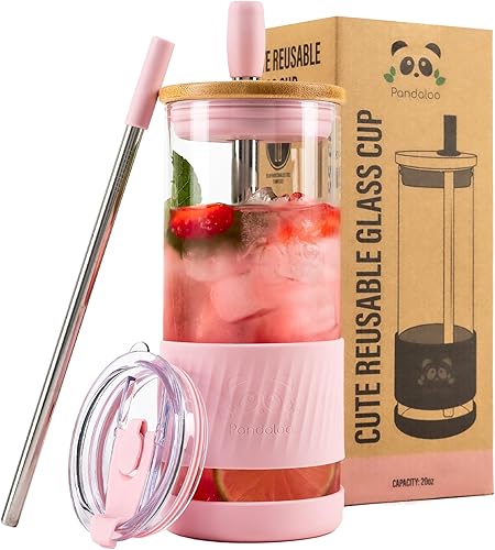 Pandaloo Tazas de vidrio con tapas y popotes - 20 Fl Oz - Tamaño perfecto para taza de café helado - Taza de batido con tapa de bambú y tapa para