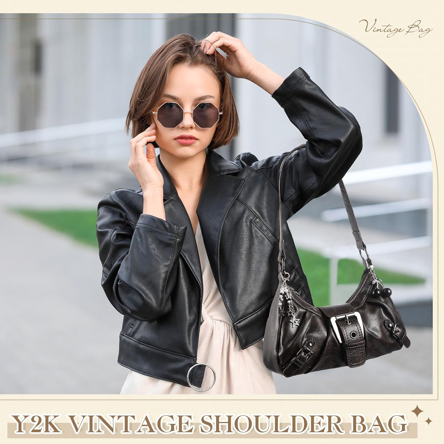 Abbylike Women Cute Vintage Shoulder Bag with Goth Chains Buckle Punk Trendy Purse Clutch Handbag for Girls - Image 2