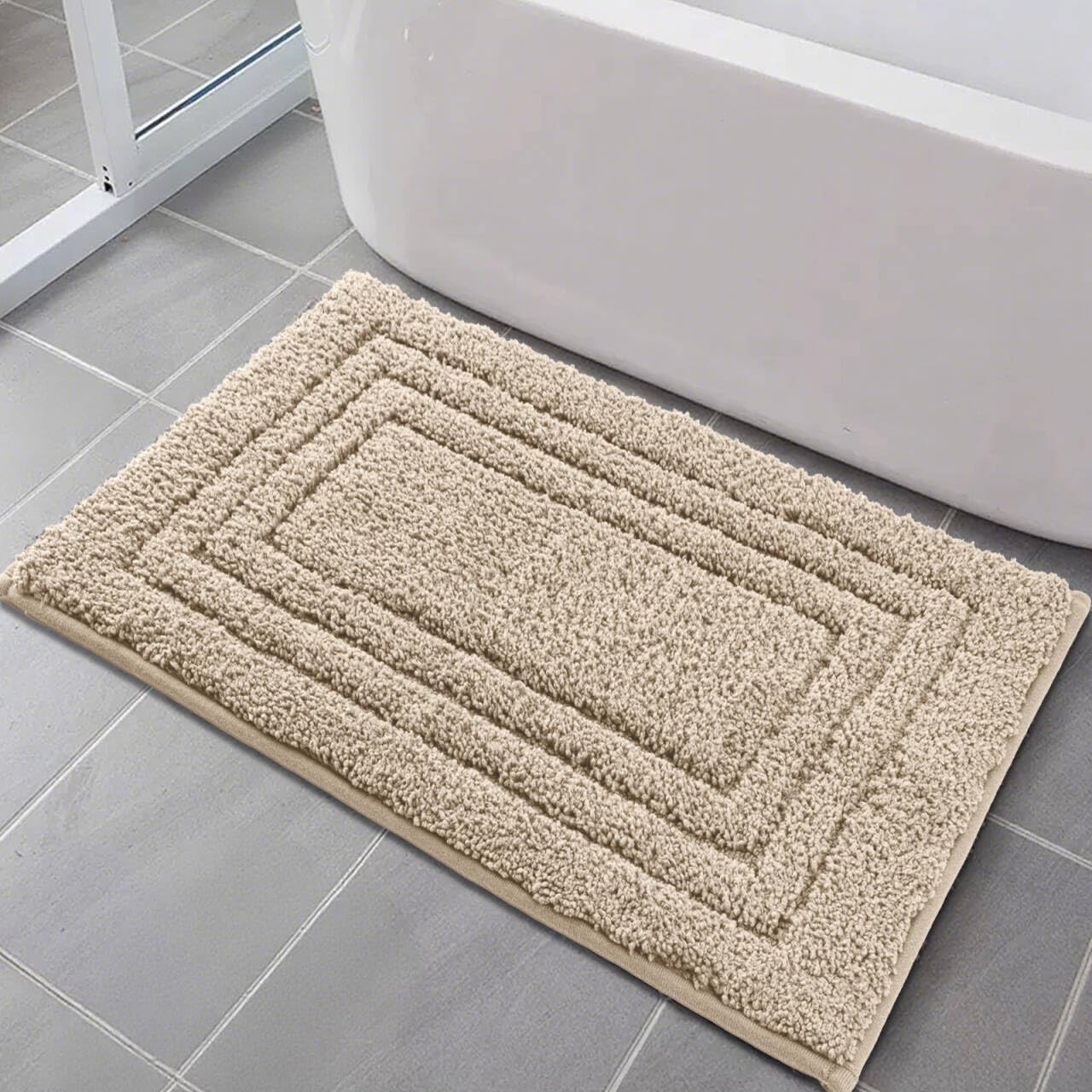MOSISO Bath Mats for Bathroom, 20" x 32" Non-Slip Plush Shaggy Bath Rugs&6pcs Non-Slip Stickers, Extra Soft and Absorbent Microfiber Washable Bath Mat for Bathroom Floor, Tub and Shower, Khaki