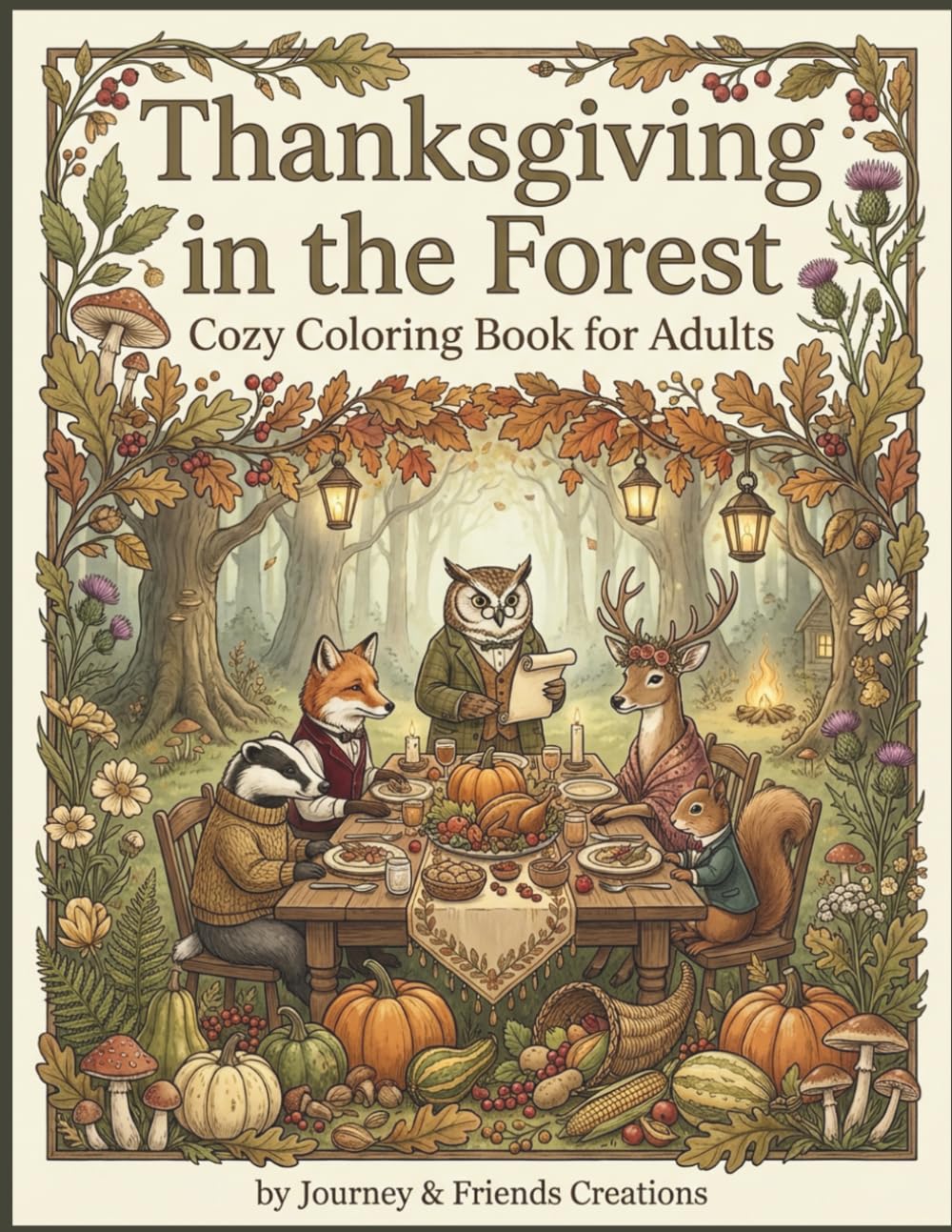 Thanksgiving in the Forest: Cozy Coloring Book for Adults: Cottage Core Forest Themed Woodland Animal Coloring Book, Intricate Detail