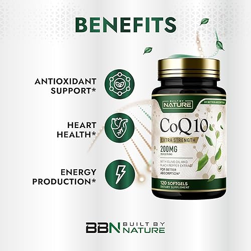 Miniatura 4 de Built by Nature CoQ10 200 mg - Coenzima Q10 con aceite de oliva y pimienta negra para alta absorción - Apoya la salud y la energía del corazón -
