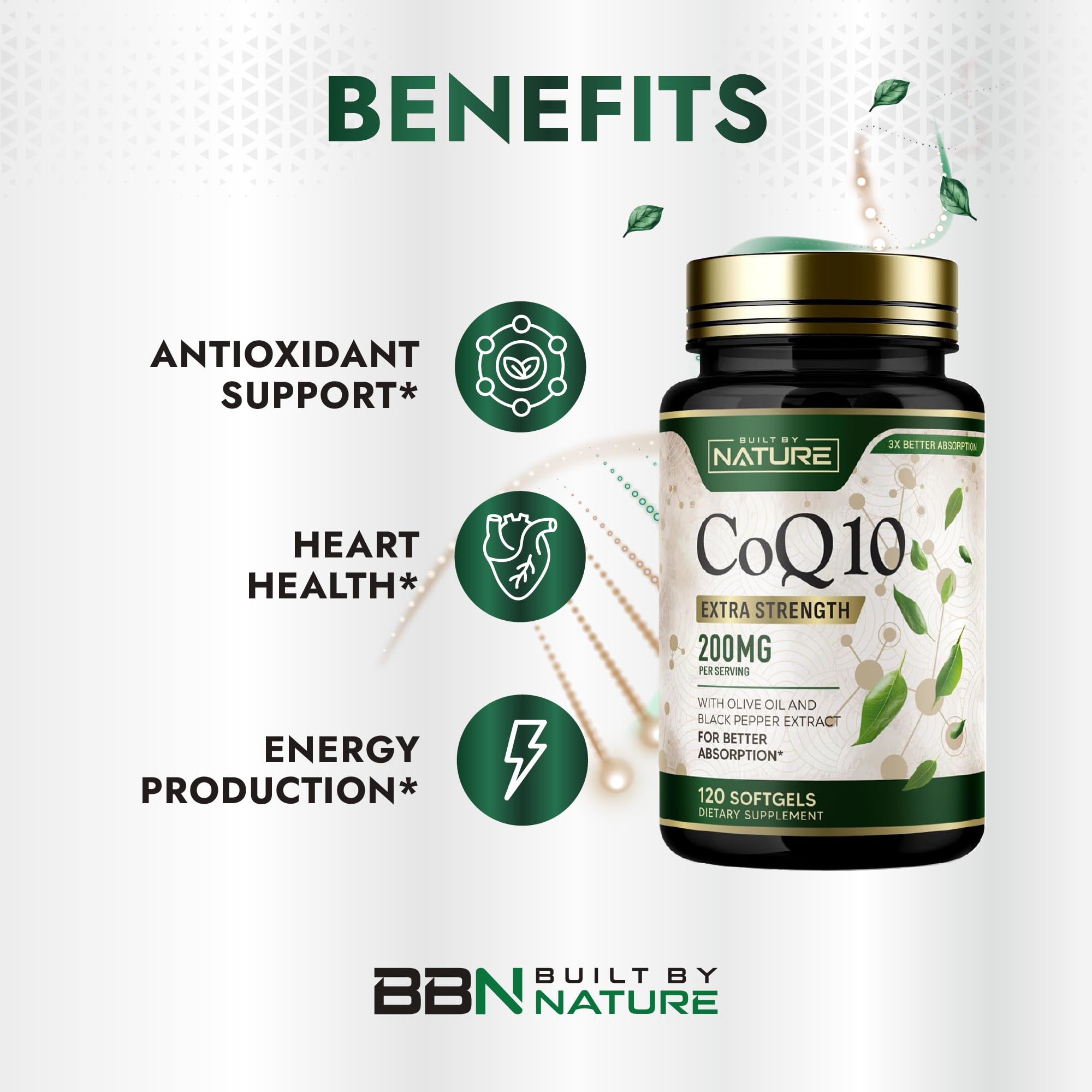 Built by Nature CoQ10 200 mg – Coenzyme Q10 with Olive Oil and Black Pepper for High Absorption – Supports Heart Health & Energy – Antioxidant Supplement– 2 Month Supply, 120 Softgels — Amazon image 4