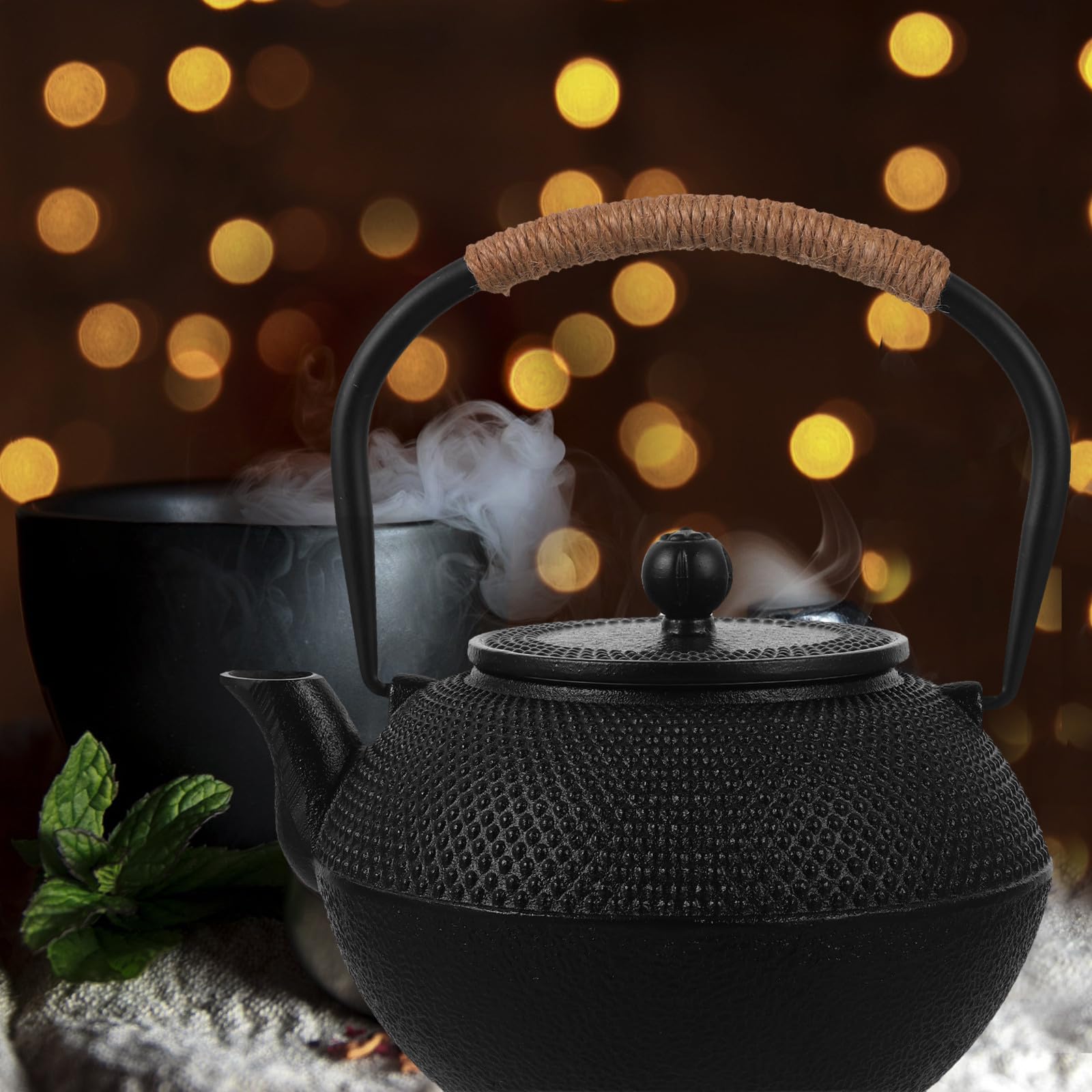 SOLUSTRE Théière en Fonte, Théière Japonaise 1200ml Noire avec Infuseur en Acier Inoxydable et Couvercle, Sûre pour Cuisinière, Déco de Table, Fêtes du Thé