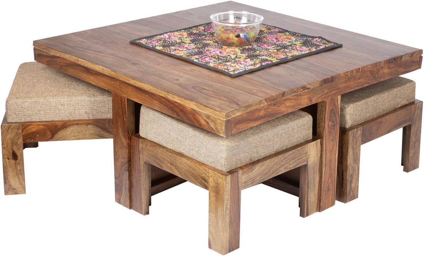 Ikiriya 100% Solid Sheesham Wood 4 Seater Coffee Table Set - Teak Finish ; Beige Jute, Standard (CTSW0314-2-JBE)