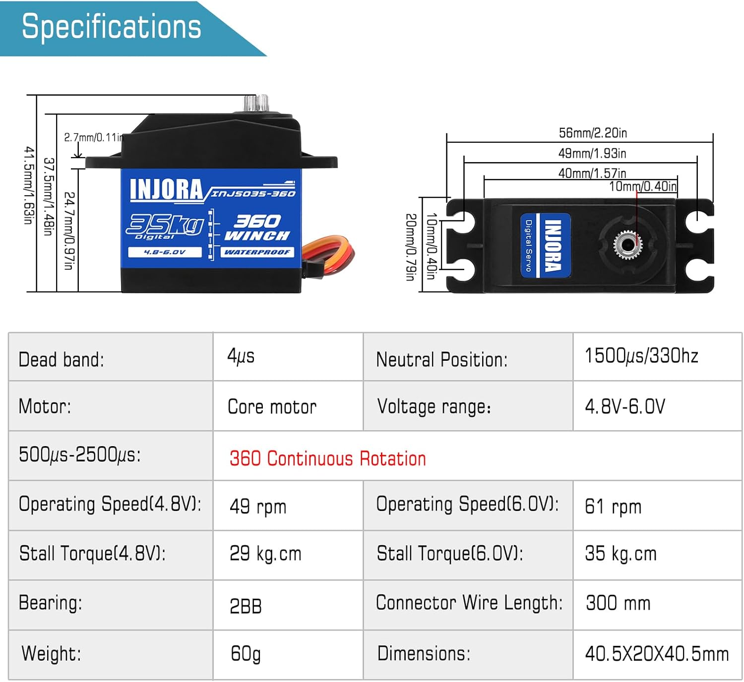 INJORA 35KG Digital Servo Waterproof 360° Rotation Servo for SCX10 Pro RC Crawler Car Model