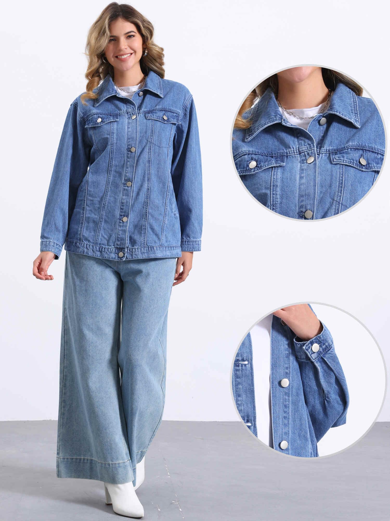 Allegra K Femme Veste en Jean Oversized Manches Longues Poches Décontractée