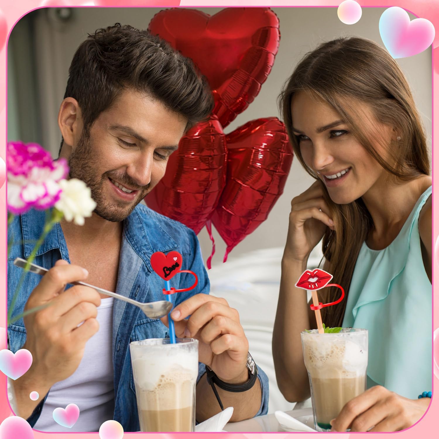 24 PCS Valentine's Day Straw Toppers, 8mm Heart Shaped Straw Cover Cap for Tumblers, Reusable Red Pink Lips Drinking Straws Tip Cover Lover Couple Fun Gifts - Image 4