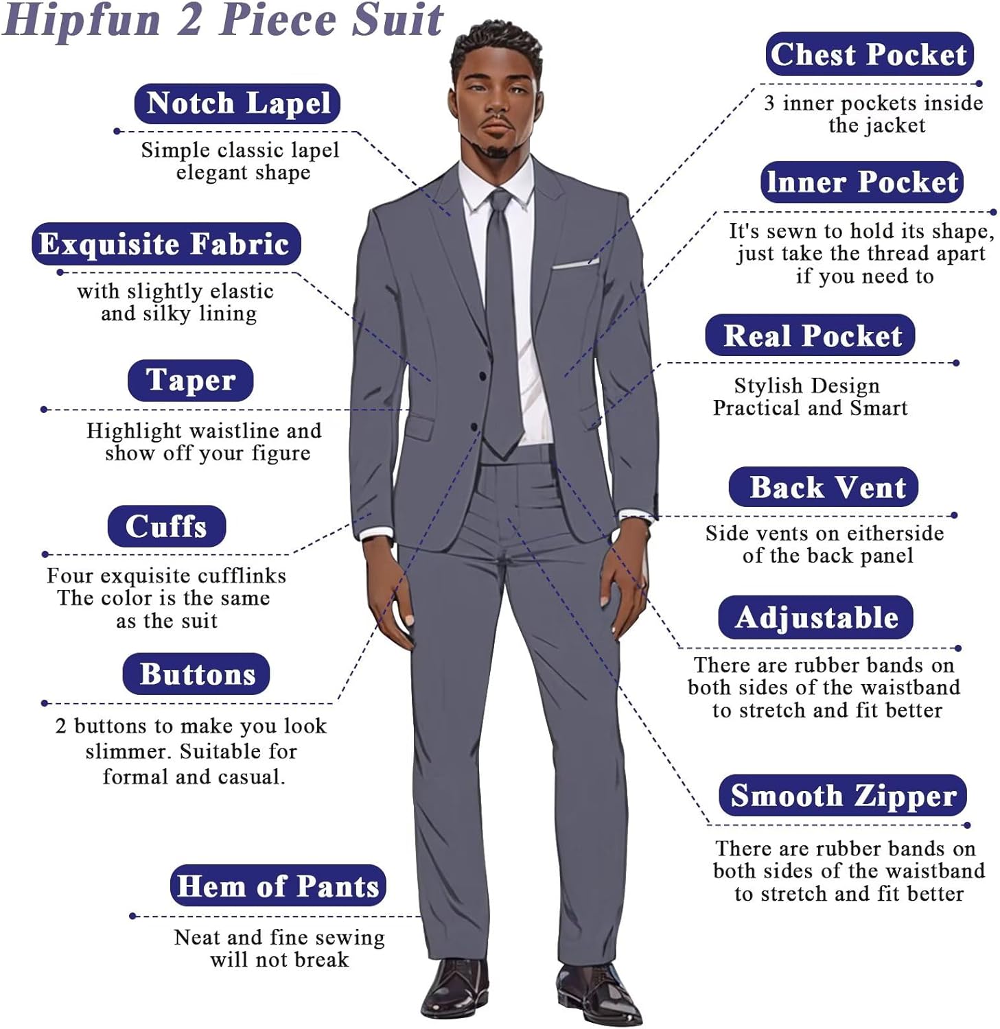 Mens 2 Piece Slim Fit Suit Set Two Button Solid Suit Jacket Pants with Tie Notch Lapel Casual Wedding Suits - Image 3