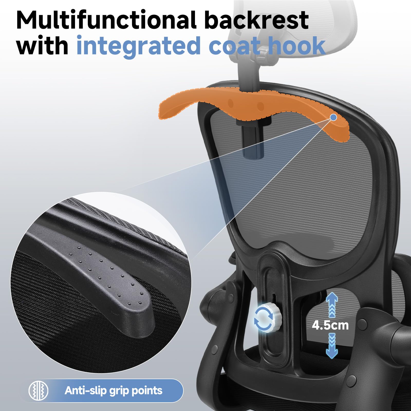 COMHOMA Sedia da ufficio ergonomica, con poggiatesta 3D e supporto lombare, design con gancio integrato, braccioli pieghevoli, cuscino imbottito, carico fino a 150 kg (Schwarz)