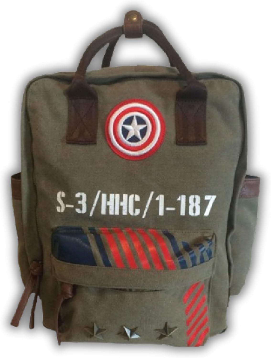 Marvel Captain America Vintage Military Army Canvas Large Laptop Backpack | Travel Rucksack & Work bag | Durable Zip-Top Canvas with PU Leather Straps & Pockets for Adults, Teens
