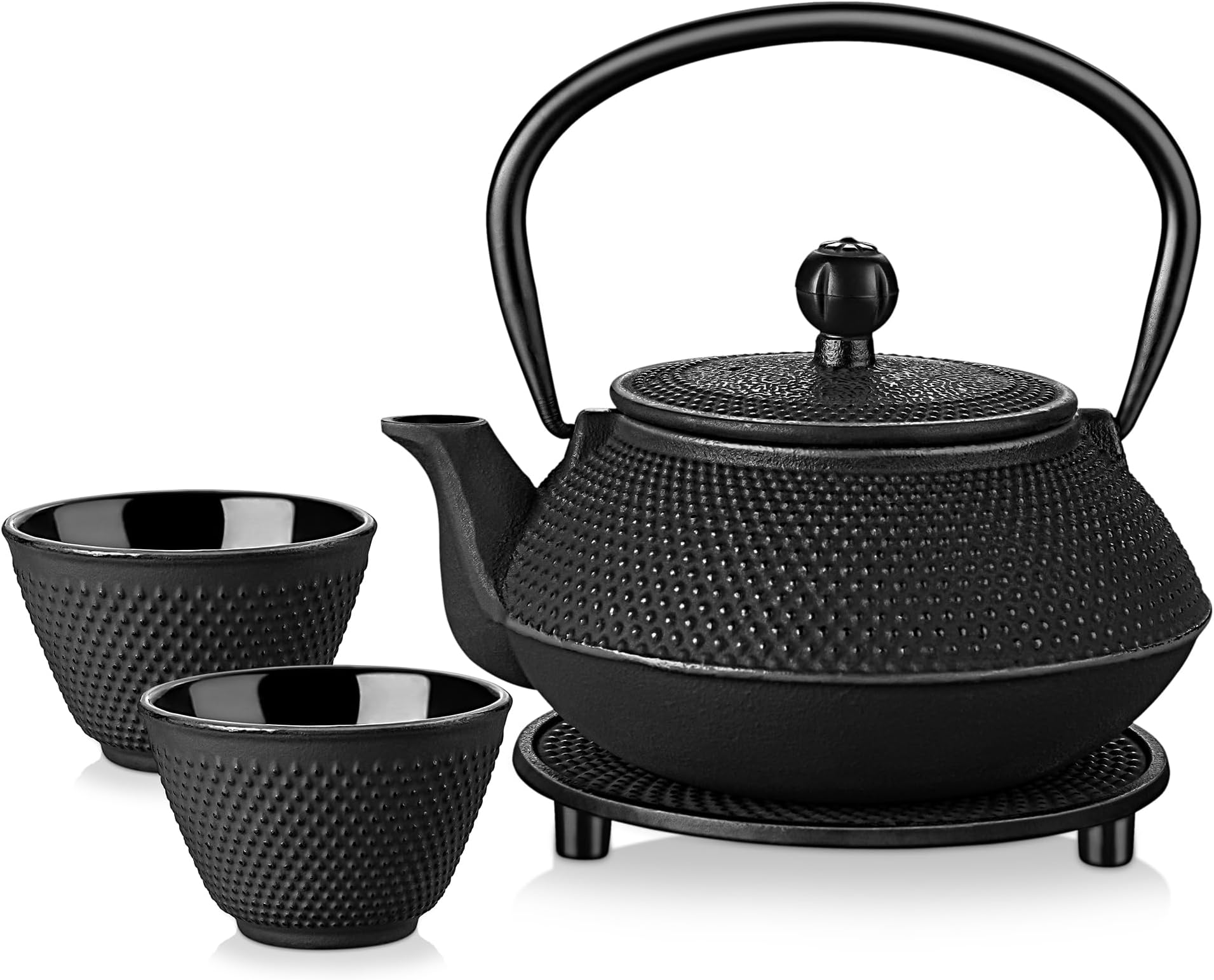 Velaze Iron Teapot set, Traditional Japanese Tetsubin Tea Kettle Cast Iron Teapot with Stainless Steel Infuser, Antique Small Dot Design, 2 Iron Cups and Trivet Stand Tray, 700ML/ 24OZ