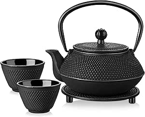 Velaze Cast Iron Teapot Set,Japanese Cast Iron Teapot [Heat Preservation] with Trivet and Stainless Steel Infuser,Durable Cast Iron with a Fully Enameled Interior,Beautiful Hammered Design,700ML/ 23OZ