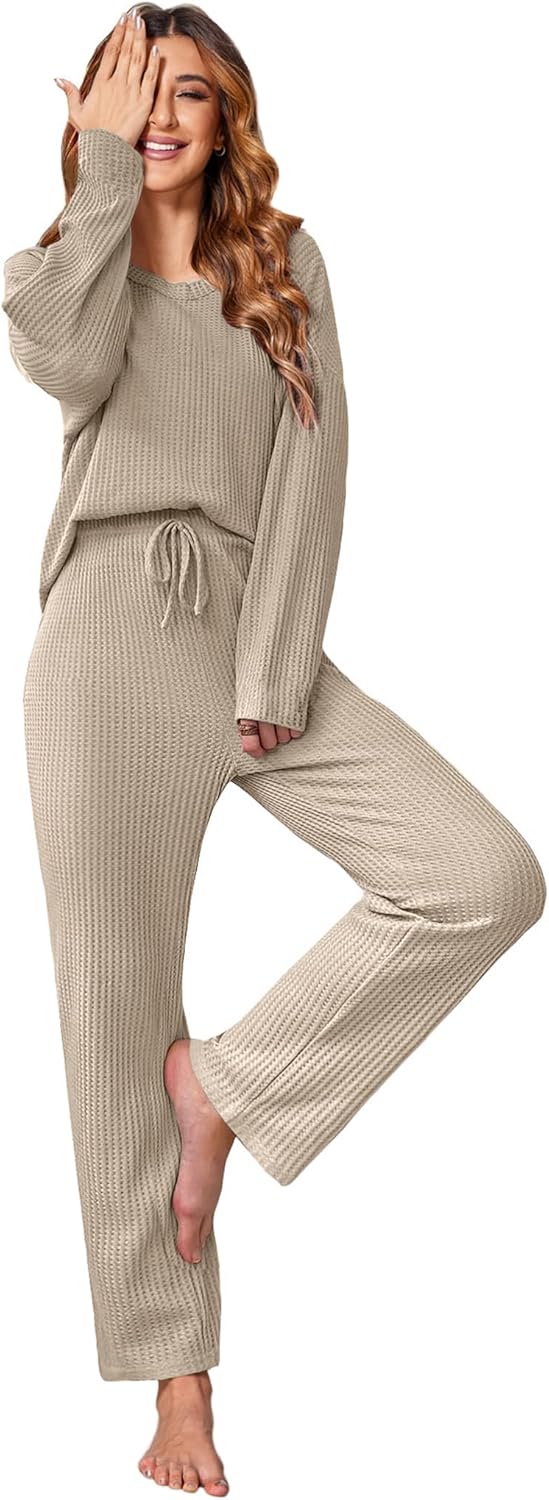 Ekouaer Women's Waffle Knit Pajama Sets Comfy Long Sleeve Lounge Sets 2 Piece Matching Pj Sets with Pockets