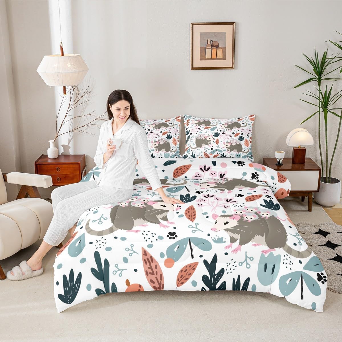 Feelyou Opossum Comforter Set Queen Size Kids Cute Animals Comforter Set for Boys Teens Kawaii Opossum Decor Bedding Set Breathable Floral Botanical Duvet Set Room Decor Quilt Set