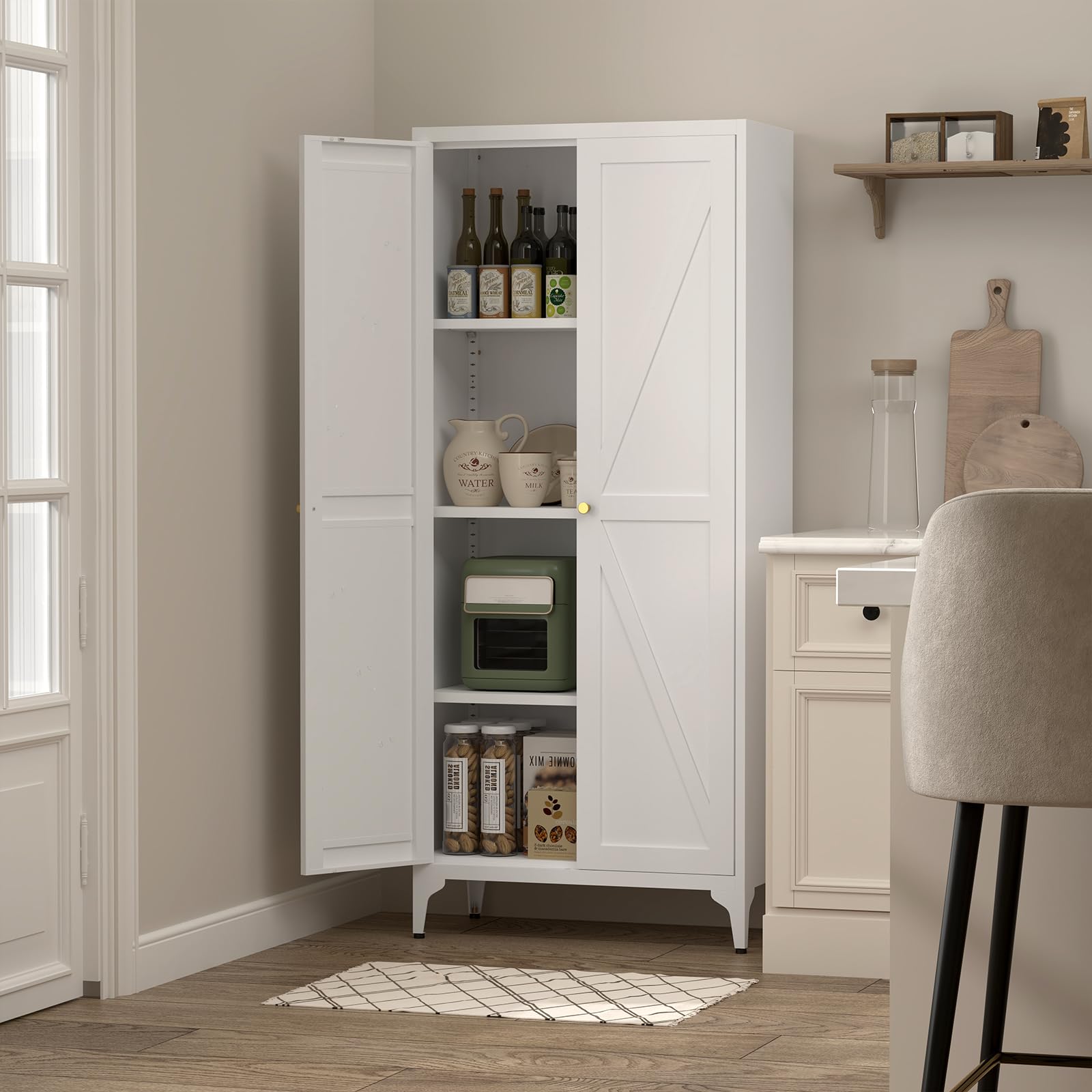 Küchenschrank, Hochschrank Mehrzweckschrank mit Verstellbare Ablage, großer Büroschrank o. Aktenschrank, Weiß