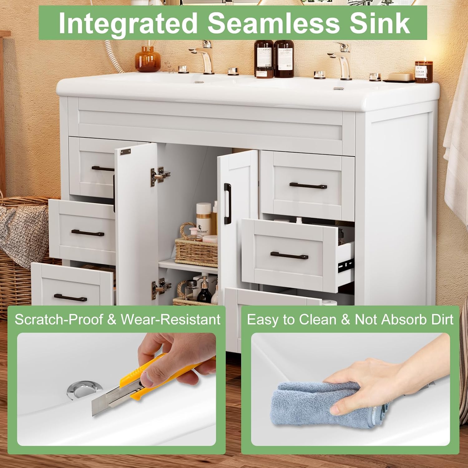 48" Bathroom Vanity with Double Sink, 47.3" × 19.7" × 35.5" Modern Vanity Cabinet with 2 Doors & 6 Drawers, White Bathroom Vanity Set with Ceramic Sinks
