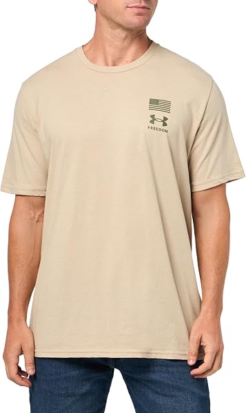Close-up of the Under Armour logo on the chest of the Freedom Flag T-Shirt.