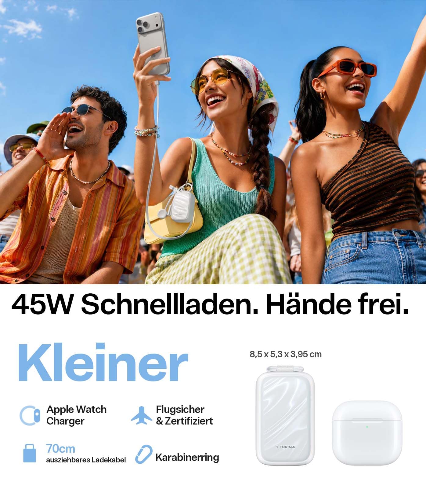 TORRAS PearlGo Powerbank 10000mAh, Kleine Powerbank mit Kabel, Perlweiß | 45W Schnellladen, 70 cm USB-C Einziehkabel mit Karabiner, für iPhone und Apple Watch, ideal für Reisen, Pendeln und Shopping