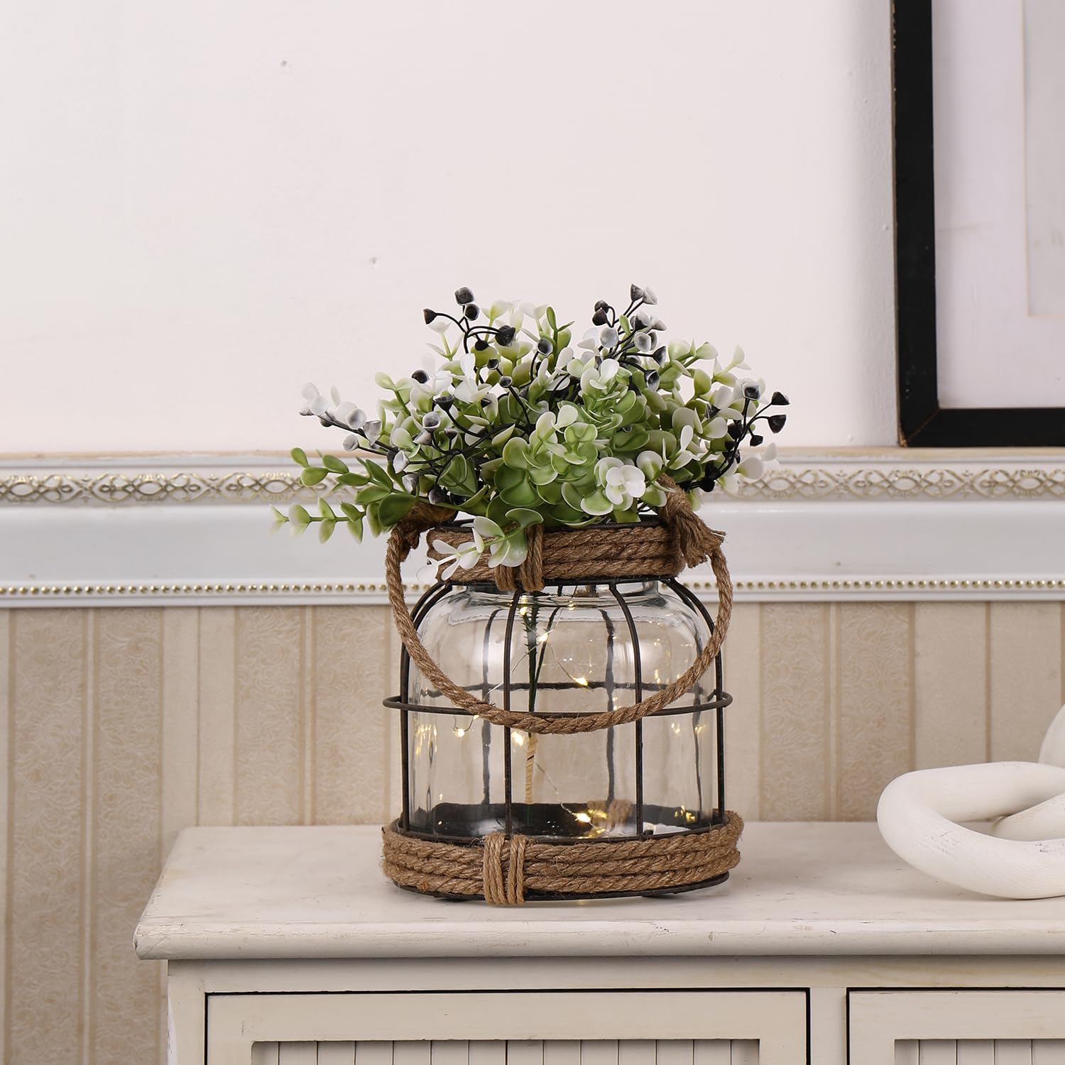 Rustic Glass Vase with Artificial Flowers, Farmhouse Decor with Lights, Vintage Glass Vase with Handles for Home Decor, Floral Arrangement, Wedding, Birthday, Housewarming Gift, (Rustic)