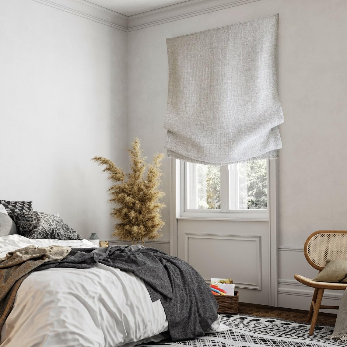 European Relaxed Roman Shade with decorative trim, Belgian Linen with Chain Mechanism, Custom Shade, Custom Window Treatments