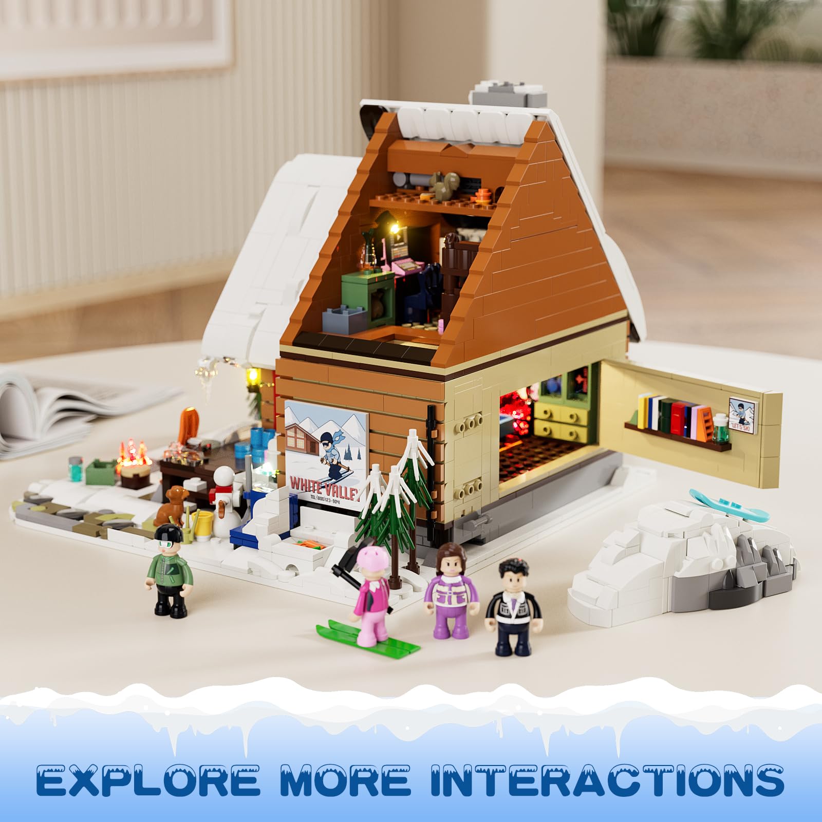 LUMIBRICKS Domek narciarski z oświetleniem LED, 2187 elementów, zestaw zimowy dla dorosłych, nordycki domek wakacyjny z kominkiem, ogniskiem, sceną narciarską i 4 mini figurkami