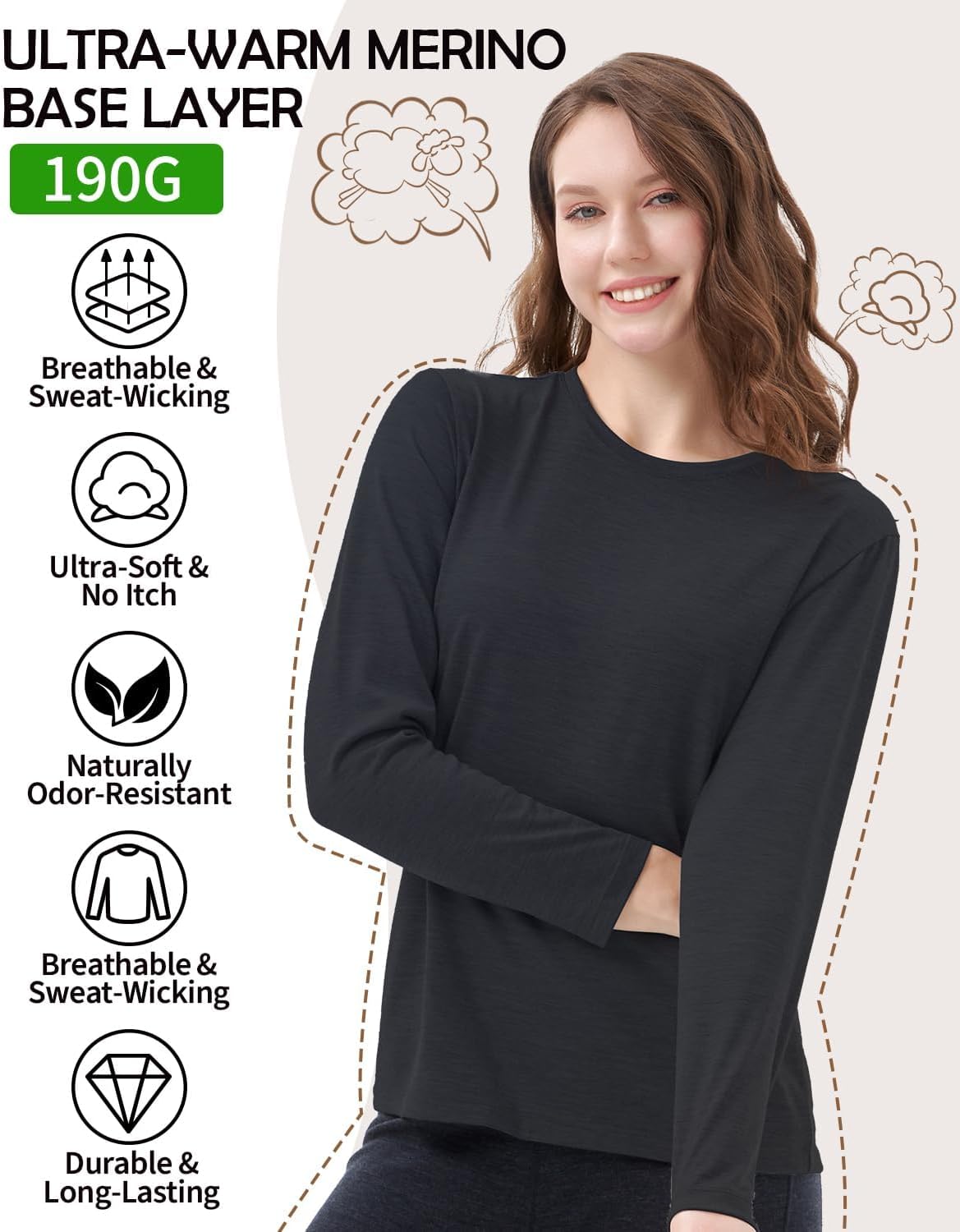 Women’s 100% Merino Wool Base Layer Top, Merino Wool Long Sleeve Undershirt, Wool Thermal Shirt - Image 2