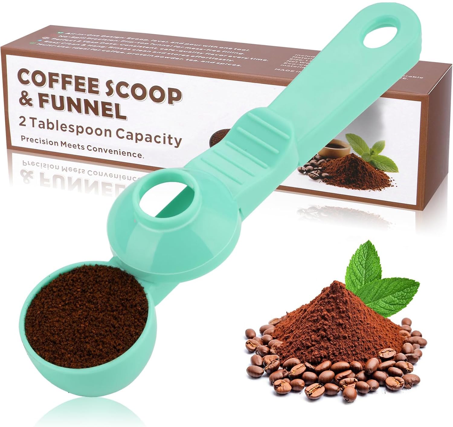 2-in-1 Coffee Scoop with Funnel, 2 Tbsp Measuring Spoon for Reusable K Cups, Ground Coffee, Protein Powder & Tea, Mess-Free Plastic Design（Light Green-1pack）