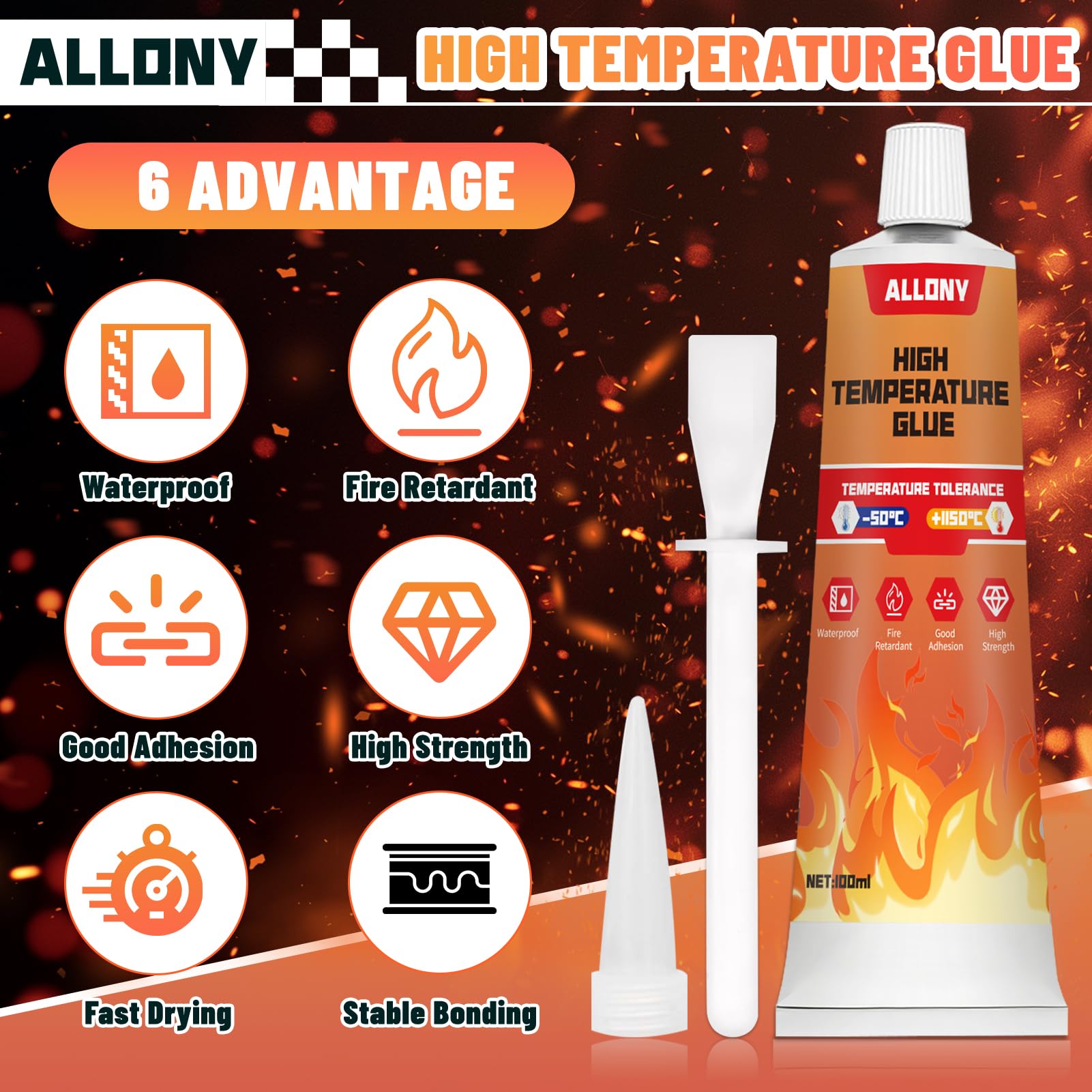 Allony 100ml Colla Alte Temperature, Silicone per Alte Temperature, Sigillante Alte Temperature, Adesivo Resistente al Calore Fino a 1000°C, Adatto Alle Come Forno, Fornelli, Ripiani