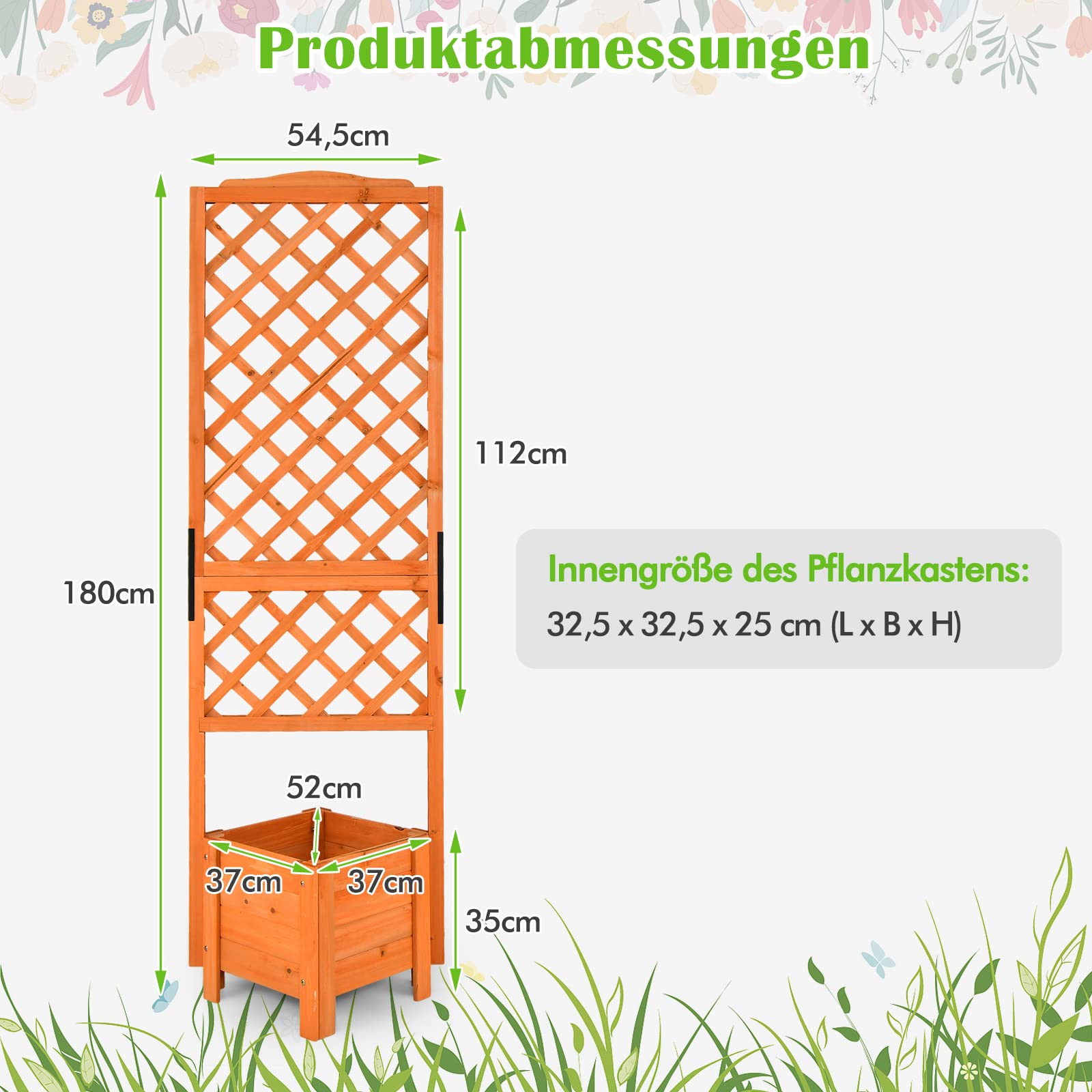 COSTWAY Bloembak met latwerk, dennenhout, plantenbak met rankrooster en drainagegat, tuinspalier voor klimplanten, verhoogd bed, bloembak, klimhulp, voor tuin, binnenplaats, balkon, natuur, 119 x 60 x