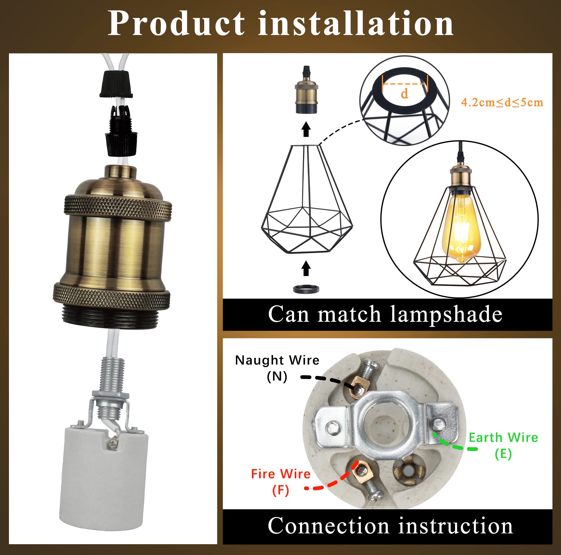 DiCUNO E27 Vintage Portalampada, Edison retro lampada a sospensione, Adattatore in ceramica solida, 6 Pezzi di champagne oro socket