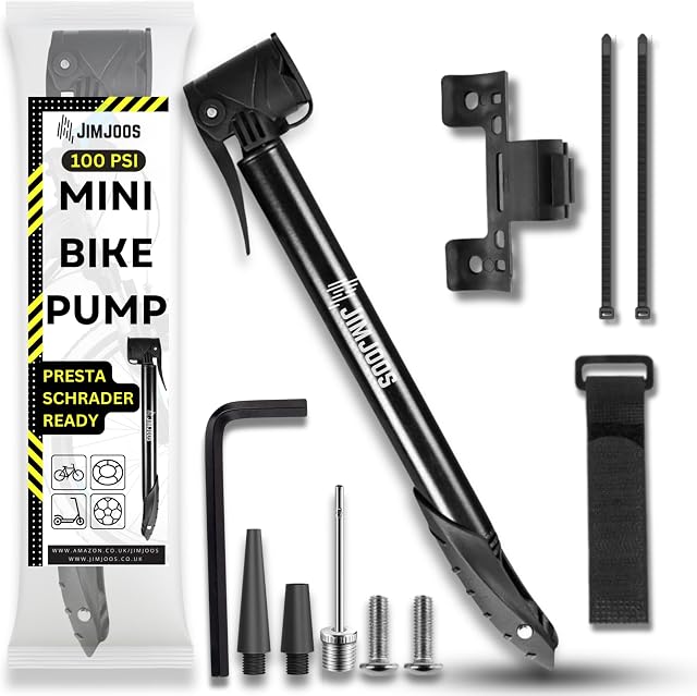 JIMJOOS Portable Mini Bike Pump - Aluminium Alloy Bicycle Pump for Presta & Schrader Valve - Lightweight 100PSI Mountain Bike Tyre Pump - Includes Frame Bracket, Inflatable Cones and Ball Pump Needle